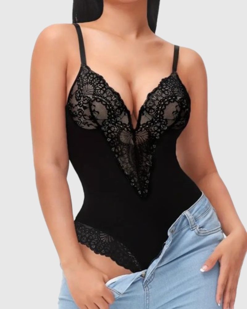 Divine® - Body tanga sexy de encaje con escote en V y espalda descubierta