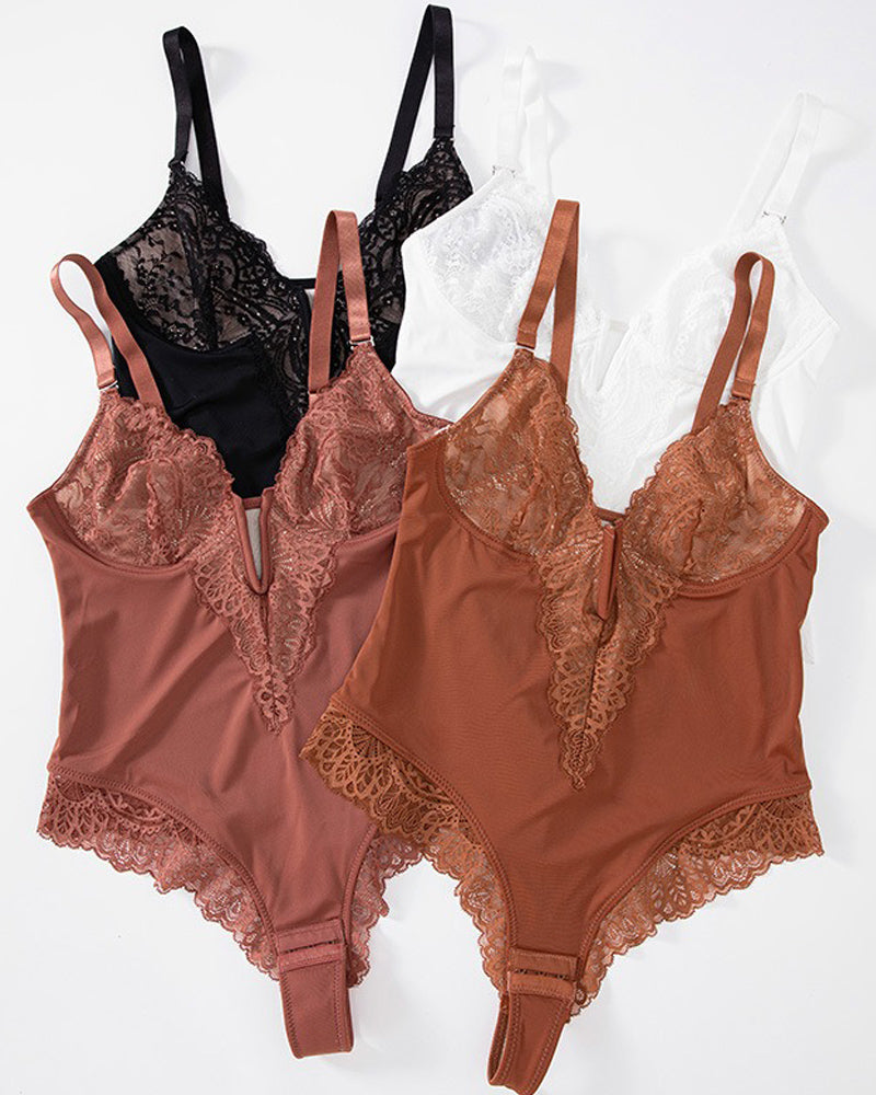 Divine® - Body tanga sexy de encaje con escote en V y espalda descubierta